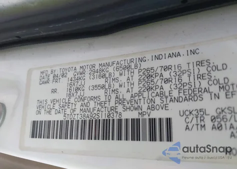 2002 Toyota Sequoia Limited V8 from USA, damaged, VIN 5TDZT38A92S110378